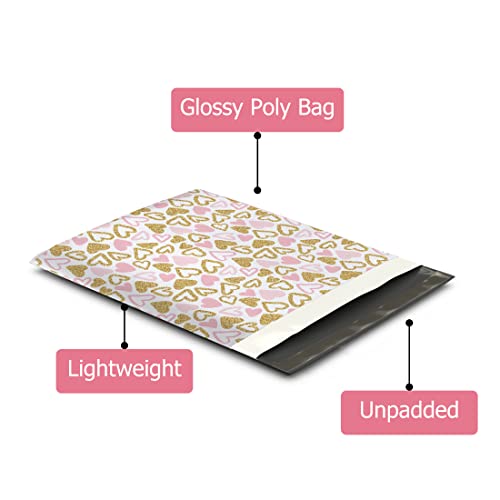 12x15 (50) Pink and Gold Hearts Valentine's Day Designer Poly Mailers Waterproof Self Sealing Tear Resistant Polymailers Large Shipping Envelopes Premium Printed Bags For Small Businesses - color: Pink and Gold Hearts, size: 12x15