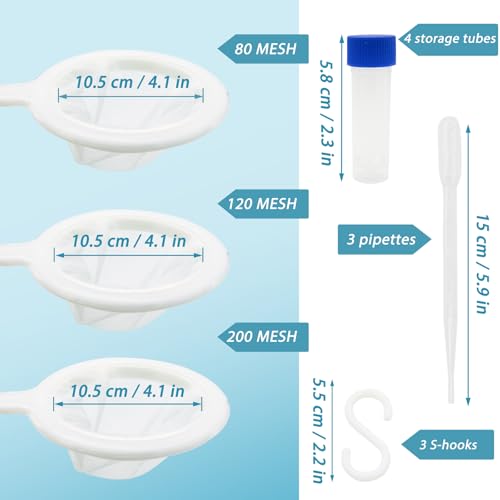 Baby Brine Shrimp Net Sieve 80, 120, 200 Mesh kit with 3 Hooks, 3 Pipettes and 5 Storage Tubes for Brine Shrimp Hatchery Filter Fry Eggs and Hatching Baby Fish Separator (14pcs Parts)