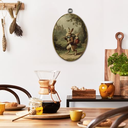 XFCICRLJ Vintage Easter Bunny Nursery Wall Art Decor, Antique Traveling Rabbit Oval Canvas Prints Framed, Rustic Bunny Rabbit Animal Wall Art Decorations for Kids Girls Boys Nursery Room Decor, 11x8.5 Inch 016-MH-TYH - color: bunny