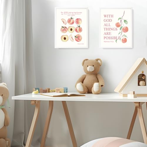 LARTSFRO Coquette Pink Peach Fruits Wall Art Decor Posters, Cute Pink Peach Christian Room Bathroom Bedroom Dorm Wall Art Decor Aesthetic for College Teen Girls Gifts, Inspirational Bible Verses Wall Decor, 10x8 Inch Set of 4 Pcs Fruits Pictures (UNFRAMED