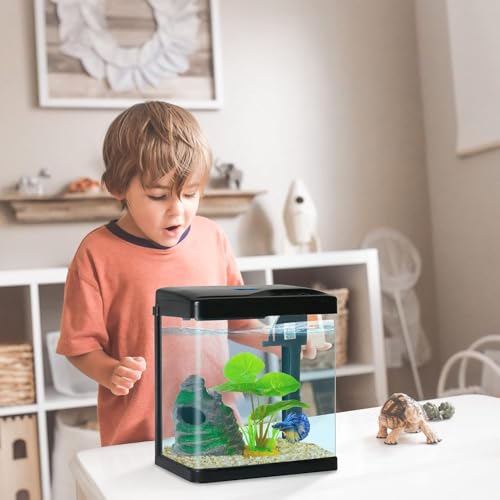 Betta Fish Tank Self Cleaning 2 Gallon Small Aquarium Starter Kits Desktop Room Decor w/LED Light Decorations & Whisper Filters Water Pump (260V2) - size: 260b
