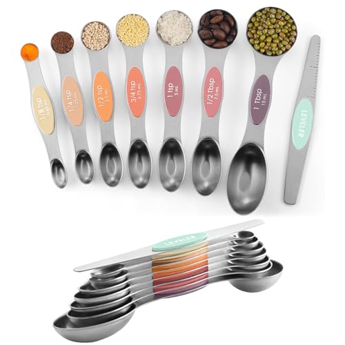 ChefAide Pack of 8 Stainless Steel Magnetic Measuring Spoons Set, Dual Sided, Stackable, Adjustable Teaspoon and Tablespoon Measure Spoon with Leveler, Kitchen Gadgets - color: Multicolor-3, size: Magnetic Measuring Spoons