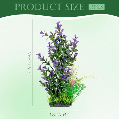 Aquarium Plants 2-Pack, 11.8in Artificial Plastic Fish Tank Decor, Moderate Size Aquarium Decorations, Safe Green Fish Tank Plants for Freshwater Tanks (Purple & Green Mix)