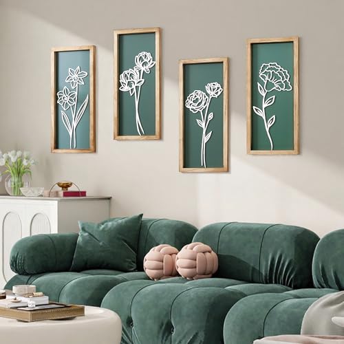 HKBS 3D Wooden Floral Wall Art, Set of 4 Framed Flowers Wall Art Sculptures, Boho Farmhouse Minimalist Decor for Bathroom Bedroom Living Room Kitchen or Office Wall Decorations Housewarming Gifts (Green)
