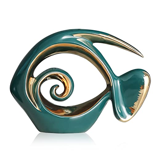Green Gold Ceramic Fish Figurines - Coastal Home Decor, Modern Ocean Centerpieces for Living Room, Dining Area, Bathroom, Office, Coffee Table, Beach House, Nautical, Seaside, Entrance, Shelf Display - color: Green, size: Large