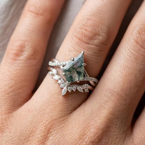 Natural Moss Agate Engagement Ring Set for Women, Unique Genuine Moss Agate Ring, 925 Sterling Silver 10K 14K 18K Solid Gold Nature Inspired Bridal Set, Boho Wedding Jewelry Gift - color: Six