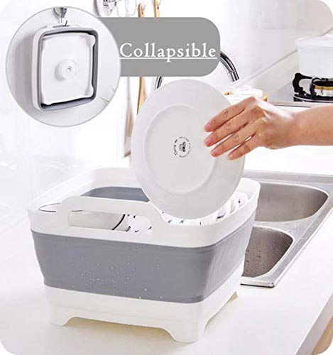 9L (2.4Gal) Dish Basin Collapsible with Drain Plug Carry Handles,Kitchen Storage Tray Dish Wash Basin, Portable Dish Tub, Foldable Dishpan for Camping,RV,Gray - color: Gray