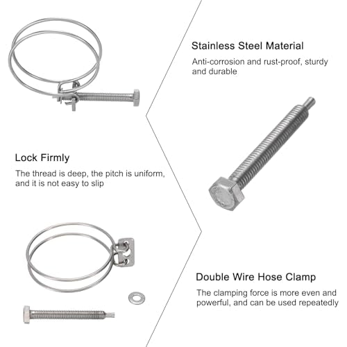 uxcell 10Pcs Double Wire Hose Clamp, 45-50mm Adjustable Stainless Steel Wire Hose Clips with M6 Bolt for Dust Collection Hose, Pump Hose Pipe - size: 45-50mm