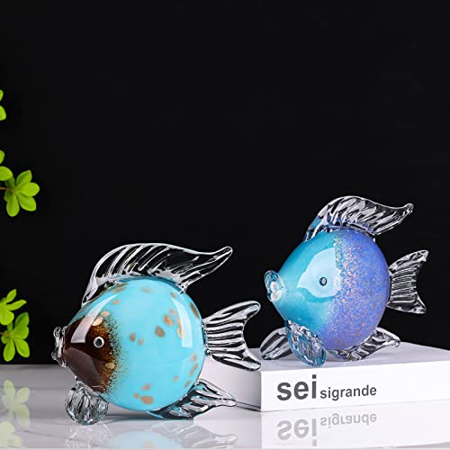 Large Glass Fish Figurines Hand Blown Glass Fish Statue and Sculpture Home Decor, Murano Animal Tropical Sea Glass Paperweights for Desk, Glass Aquarium Coastal Beach Decorative (Light Blue) - color: Light Blue