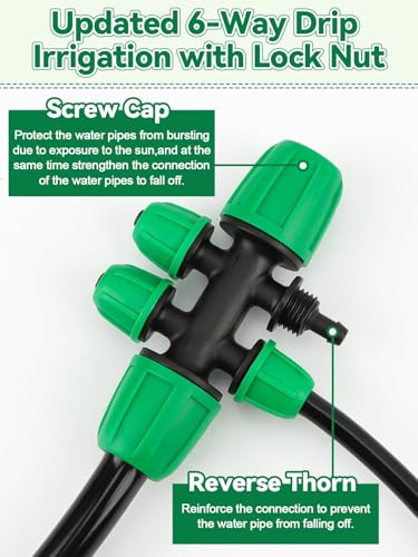 Kalolary 20PCS Locked Barbed Tee Connectors, 5/16" to 1/4" Drip Irrigation Fittings Kit 8/12mm to 4/7mm Tube Lock Female Connector 6-Way Barbed Lock Irrigation Parts for Watering System (Green) - color: Green 5/16" to 1/4" 6-Way