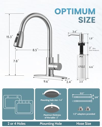 WOWOW Kitchen Faucet with Soap Dispenser: 304 Stainless Steel Kitchen Sink Faucet with Pull Down Sprayer 3 Modes, Single Handle High Arc Mixer Taps for Sink, RV, Laundry, Bar (Brushed Nickel) - color: A: Brushed Nickel, style: Kitchen Faucet with Soap Dis