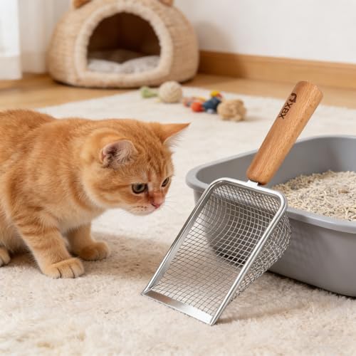 XBX Cat Litter Scoop with Holder, Metal Mesh Litter Scoop with Beech Wood Grip,Stainless Steel Litter Scooper with Fine Holes, Easy Sifting Litter Box Cleaning Tool