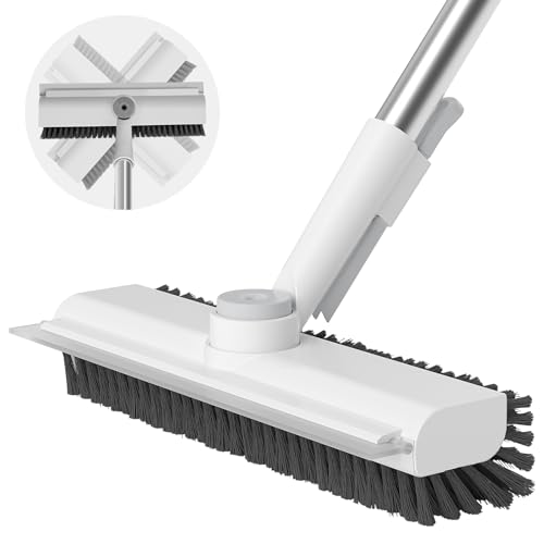 Floor Scrub Brush with Long Handle, 3 in 1 Scrape and Heavy-Duty Stiff Bristle Scrubber Brush Broom for Cleaning Shower Bathroom, Patio, Pool, Garage, Kitchen, Wall and Deck (White, 1 Pack) - color: White, size: 1 PACK