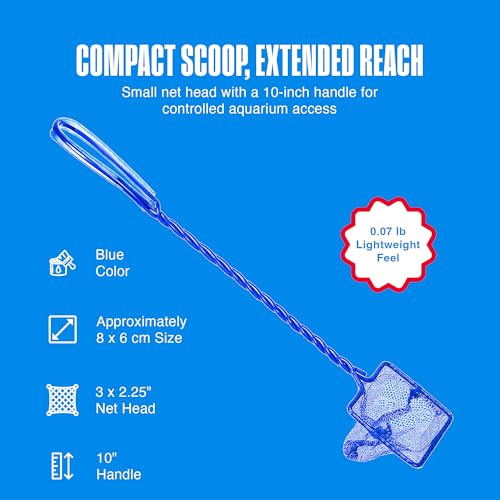 Penn-Plax Quick-Net Aquarium Fish Net - Fine Mesh, Vinyl-Covered Braided Handle - Small Aquarium Cleaning Tool for Gentle Fish Handling - Use in Freshwater & Saltwater Tanks - color: Blue, size: 3" Net - 10" Handle