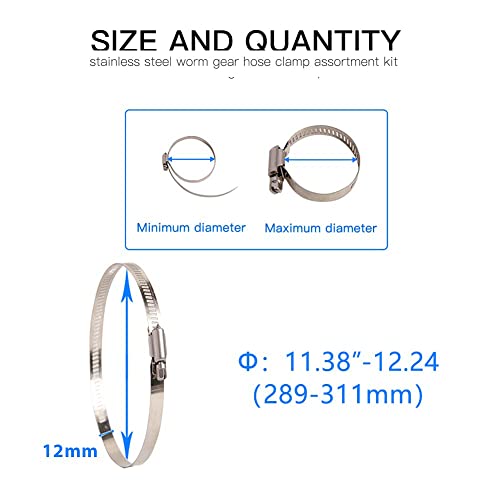 Quickun 10Pcs 12" Stainless Steel Hose Clamp Worm Gear Clamps Adjustable 11.38"-12.24"(289-311mm) Range, Fuel Line Clamp for Water Pipe, Hose Clips, Automative and Mechanical Application - size: 11.38"-12.24"