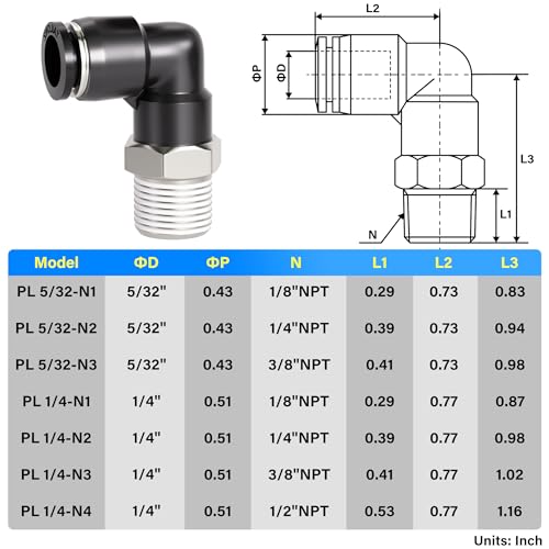 TAILONZ PNEUMATIC Elbow and Straight Combination 5/32 Inch Tube OD x 1/8 Inch NPT Thread Push to Connect Fittings PC-5/32-N1+PL-5/32-N1(Pack of 12) - size: 5/32"OD x 1/8"NPT