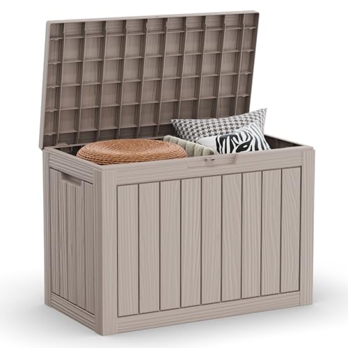 ROJIK Outdoor Storage Housing Deck Box - Waterproof Patio Furniture, Garden Tools, Cushions, Pool Accessories Storage Bench with Lockable Lid and Side Handles (Grey 48 Gal) - color: Grey, size: 48 Gallon