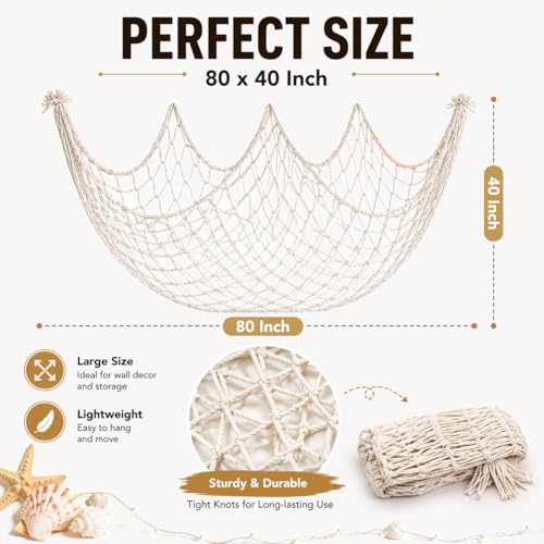 Decorative Fishing Net 80x40 Inch, Large Decorative Fish Netting Table Runner, Wall Photo Hanging Fishnet for Nautical Mermaid Pirate Ocean Themed Hawaii Beach Under the Sea Party Decorations, Beige - color: Beige