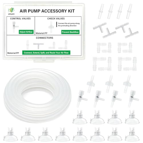 LINLAN 16 Feet 3/16''Silicone Airline Tubing with Storage Box, Aquarium Air Pump Accessory Kit, 3 Check Valves, 4 Control Valves, 16 Connectors, 12 Suction Cup, for Fish Tank - size: 16 Feet Air Tubing