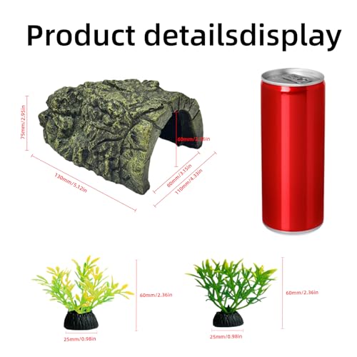 Axolotl Tank Accessories, Aquarium Decor Set with 1 Resin Simulation Rock Cave Hideout and 2 Plastic Artificial Plants, Fish Tank Decorations, Axolotl Tank Decor