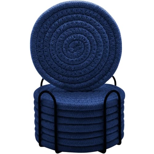 ABenkle 8 Pcs Drink Coasters with Holder, Cotton Woven Absorbent Coasters for Drinks, Minimalist Home Decor Coaster Set for Wooden Tabletop Protection Table, 4.3 inches - color: Navy Blue, size: 8 Pcs