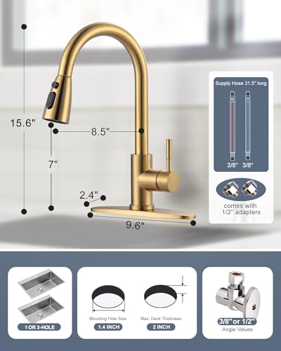 Kitchen Faucet with Air Gap: WOWOW Stainless Steel Kitchen Sink Faucet and Dishwasher Air Gap Kits for Kitchen Sink 2 or 4 Hole, Brushed Gold Kitchen Faucet Combo with Sprayer - color: Gold, style: Kitchen Faucet with Air Gap Kit