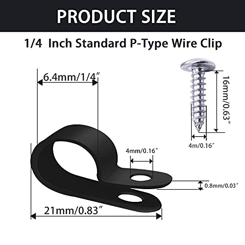 mankk 100PCS 1/4 Inch Rope Light Clips P-Style Mounting Clips Plastic Cable Clamps with Compatible Stainless Steel Pan Head Phillips Screws for Wire Management M-034-BK-LS - size: 100 Pack 1/4Inch