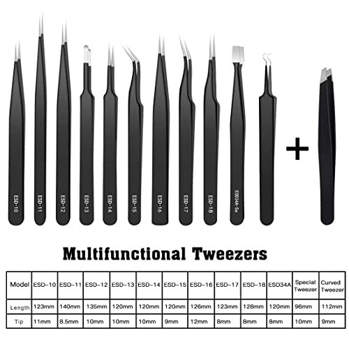 BOENFU Precision Tweezers Set 12 PCS Electronic Tweezers ESD 11, 12, 13, 15, 17 Pointed Tip Tweezers Kit for Electronics,Soldering, Craft, Jewelry, Ingrown, Eyelash