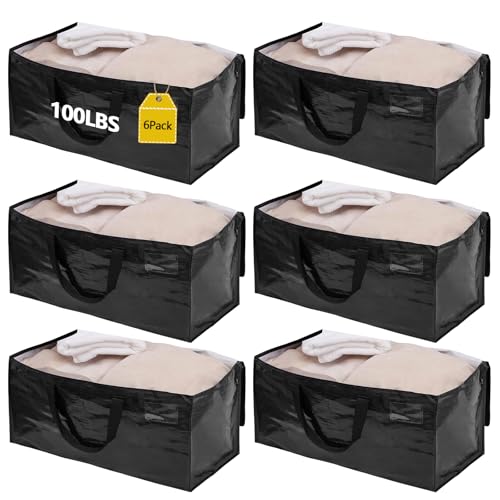 6 Pack Waterproof Moving Bags with Strong Zippers and Reinforced Handles, Real 100lb Capacity Extra Heavy Duty Large Storage Totes for Packing & Moving Storing, Alternative to Moving Boxes -95L,Black - color: Black, size: 6 Pack