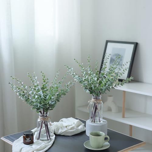 VIERENA 17.5" Artificial Eucalyptus Stems in Glass Vase with Faux Water,Fake Plant Eucalyptus Leaves White Seeds for Centerpiece Table Decorations Farmhouse Wedding Home Greenery Decor (Sage Green)