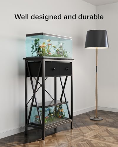 Fish Tank Stand for 5-10 Gallon Fish Tank: Aquarium Stand with Accessories - Metal 10 Gallon Tank Stand with Cabinet Drawer Storage for Turtle Tank, Reptile Terrarium (Black, 220LBS Capacity)