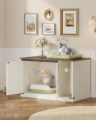 Hzuaneri Cat Litter Box Enclosure, Hidden Litter Box Cabinet Furniture with Bell, Indoor Cats House, Farmhouse Style, 39.4 x 21.7X 24.8 Inches for Hallway, Bedroom, Rustic Brown and White CB85214X - color: Rustic Brown and White, size: 39.4"L x 21.7"W x 2