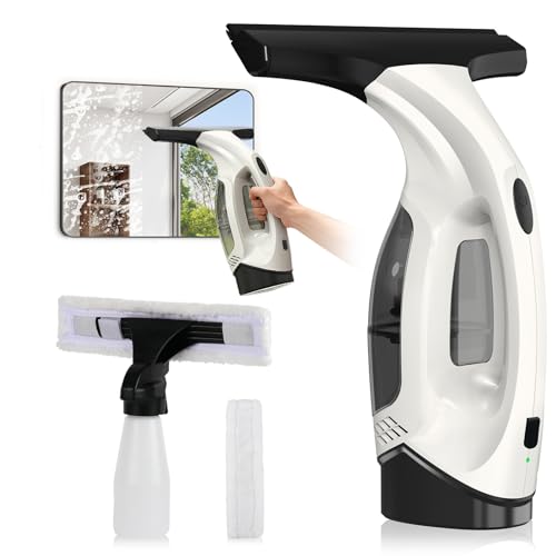 Window Vacuum Squeegee Cordless, 2000Pa Electric Window Cleaner Tool with 2200mAh & 150ml Water Collection Tank, Cleaning Kit Shower Squeegee for Glass Doors, Tiles, Mirrors, Car (White) - color: Beige
