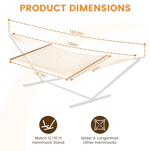 Lazy Daze Hammocks Double Rope Hammock, 2 Person Traditional Outdoor Hand Woven Cotton Rope Hammock with Spreader Bar, Carabiners, Tree Straps, Chains for Patio Yard - Max 450 Lbs, Natural - color: Natural
