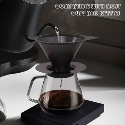LHS Pour Over Coffee Dripper Reusable Coffee Filter Paperless Coffee Filter Stainless Steel Pour Over Coffee Maker Cone Coffee Dripper for 1-2 Cup,Black - color: single mesh 1-2 cups Black