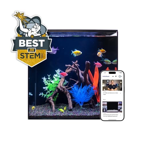 HelloReef 15 Gallon Glofish Complete Freshwater Aquarium Kit with App Controlled Smart LED Lighting, Filtration, Glofish Decor, and Guided Online Learning Center