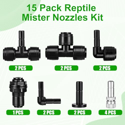 15 Pack 1/4" Four-Head Reptile Mister System Reptile Mister Nozzle Kit,360 Degree Adjustable 1/4 Misting Nozzle Parts Quick Connect Fittings for Aquarium,Vivarium,Plants, Amphibians - size: Four-Head