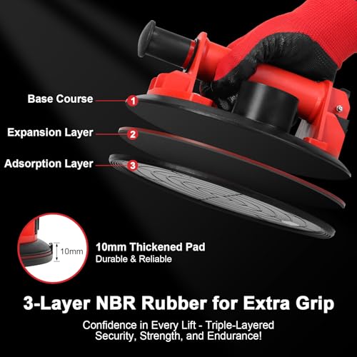 DEWINNER 8" Glass Suction Cups with Pressure Gauge - 662 lbs Load Capacity - Industrial Vacuum Lifter for Large Glass, Tile, Granite, Windows, and Windshields - Includes Carrying Case - 2 Pack - color: Red With Pressure Gauge