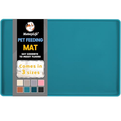 MateeyLife Silicone Cat & Dog Food Mat for Floors Waterproof, Anti-Slip Dog Bowl Mats for Food and Water, Pet Feeding Mats with Lip to Prevent Spills, Pet Placemat for Messy Drinkers to Protect Floors - color: Teal, size: 18''×12''