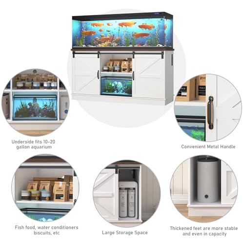 Hlivelood Farmhouse 75-120 Gallon Fish Tank Stand with Power Outlet, Aquarium Stand w/Cabinet&Sliding Barn Door, Heavy Duty Reptile Tank Stand for Fish/Turtle/Reptile Terrarium, 1000LB Capacity, White - color: White, size: 75-120 Gallon