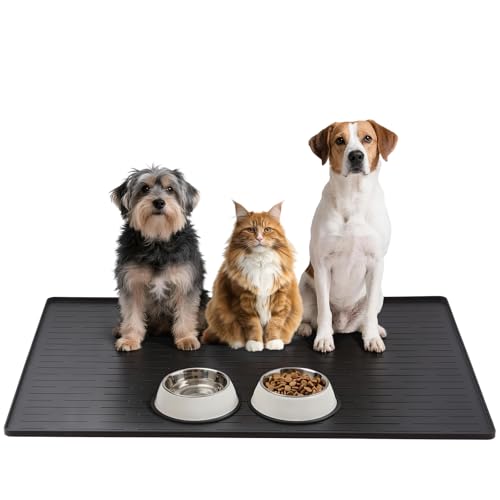 Large Dog Mats for Food and Water, 40"x30" Waterproof Pet Food Mats for Floor Nonslip Silicone Bowl Mats with Raised Edges - color: Black, size: 40"L x 30"W
