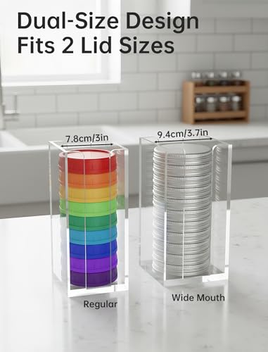 NiHome 2 PCS Acrylic Mason Jar Lid Organizer Rack, Dual Size Holder for Regular and Wide Mouth Lids, Vertical Storage Stand for Cabinet Kitchen Countertop and Pantry Organization (Clear)