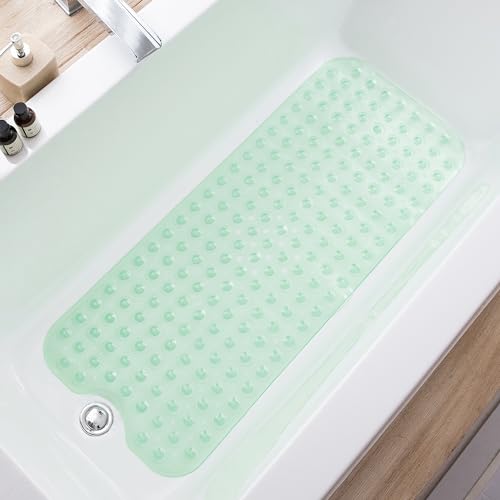 TEESHLY Bathtub Mats for Shower Tub, Extra Long Non-Slip 39 x 16 Inch Bath Mat with Drain Holes and Suction Cups, BathMat for Bathroom with Machine Washable (Clear Green) - color: Clear Green