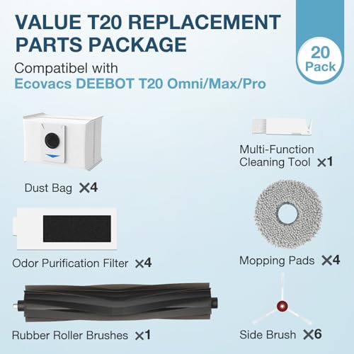 Replacement Parts for ECOVACS T20 Omni/Max/Pro,Ecovacs T20 Max Vacuum Cleaner Accessories Kit, 1*Main Brush+ 4*Hepa Filters+ 4*Mop Pads+ 4*Vacuum Bags+ 6*Side Brushs - style: T20