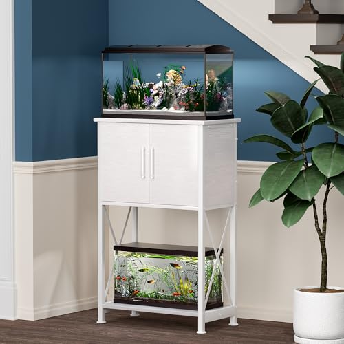 Herture 5-10 Gallon Fish Tank Stand, Metal Double Aquarium Stand with Cabinet for Fish Tank Accessories Storage, Heavy Duty 20.5" L* 11.02" W Tabletop, 500LBS Capacity White PG06YGW - color: White, size: 5-10 Gallon
