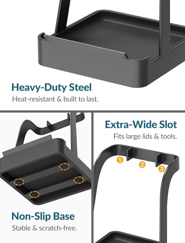 NiHome Big Pot Lid Holder and Spoon Rest with Removable Drip Tray – Black Iron Kitchen Counter Organizer for Cooking Utensils, Ladles, Spatulas, Cutting Boards & Cookware - color: Large Black, size: no diatomite