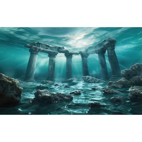 Under The Sea Aquarium Background Underwater Marine Ruins Ancient Structures Fish Tank Background Coral-Encrusted Artifacts Stunning Ocean Terrarium Backgrounds Diving Theme Tank Backgrounds 24x12in - color: Dark Blue, size: 24(W)x12(H)in