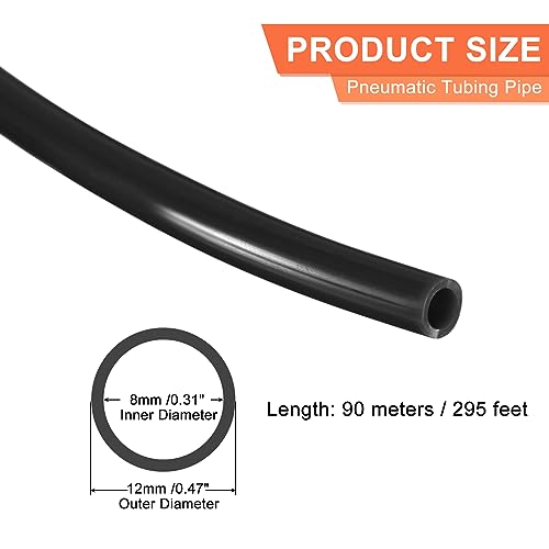 MECCANIXITY Pneumatic Tubing Pipe, 12mmx8mm 295ft 90 Meters PU Air Line Tubing Hose Tube Black for Fluid Transfer Air Compressor - color: Black, size: OD12mm*ID8mm 295ft (90 Meters)