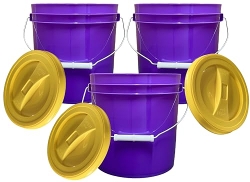 House Naturals 2 Gallon Purple Food Grade BPA Free Made in USA Bucket with Screw On Lid - Pack of 3 (Yellow lids) - color: Yellow Lids