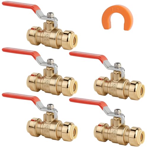(Pack of 5) AB 1/2 Inch Push Fit Ball Valve, 1/2 Inch Water Shut Off Valve with Disconnect Clip, Full Port Push Connect Ball Valve for Copper, CPVC,PE-RT and PEX Pipe, UPC Certified - size: 1/2" 5pcs